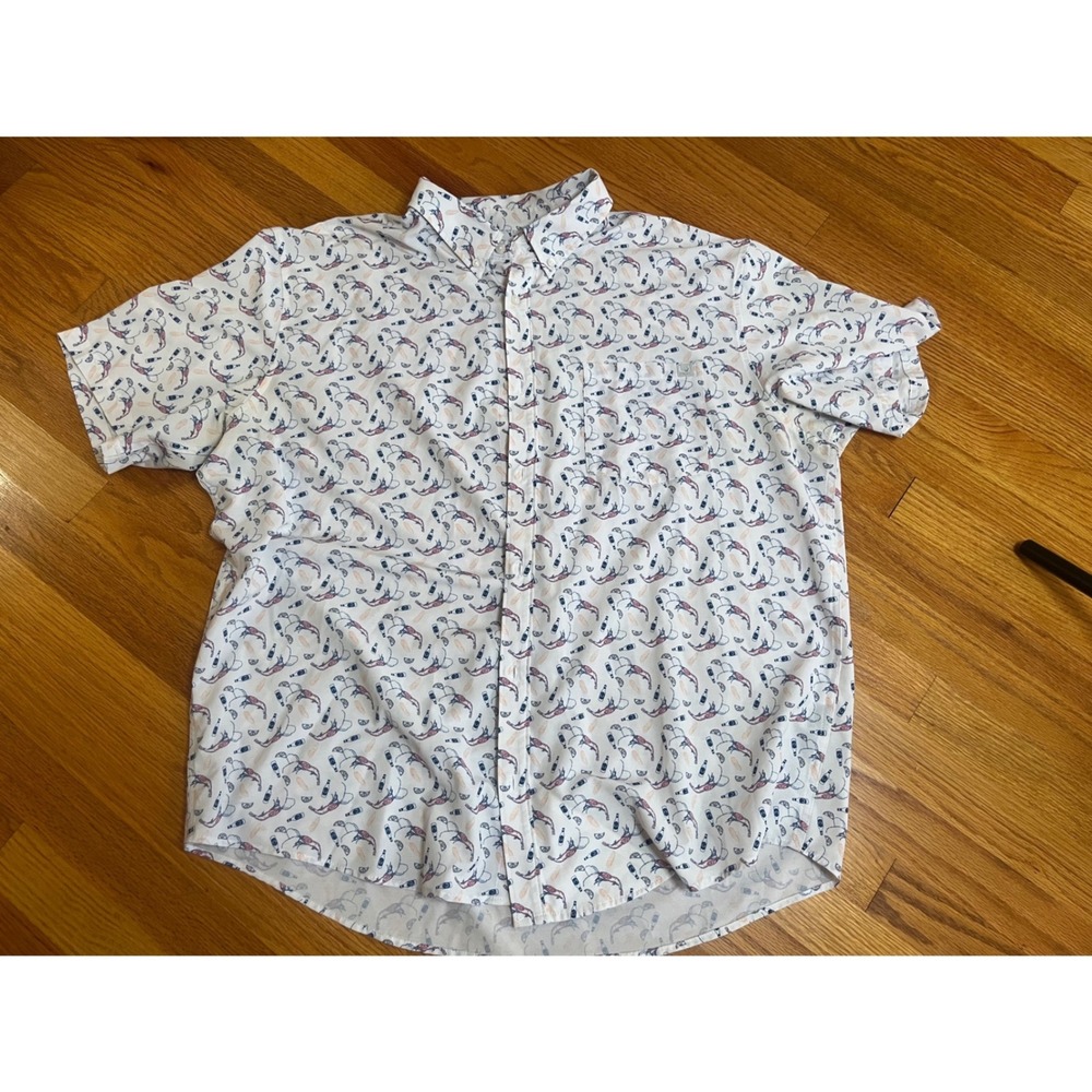 Huk Fishing Mens 2XL Shrimp Boil Print Short Sleeve Button Down Shirt White XXL